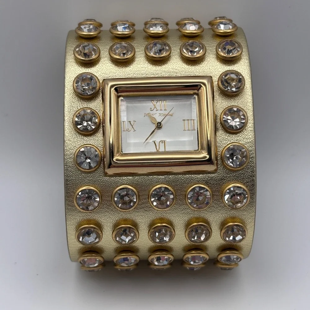 Betsey Johnson Leather Crystal Watch Wide Cuff Gold Tone - Needs Battery - Picture 3 of 15